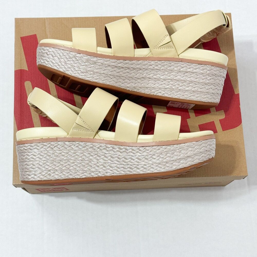 FITFLOP NWB Sz 9 Pale Yellow Leather Eloise Espadrille Wedge Sandals - Picture 8 of 10